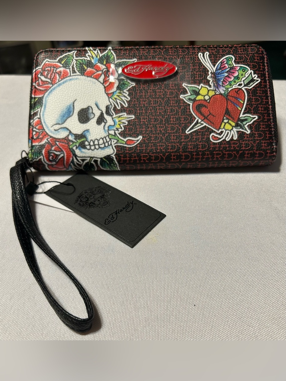 Ed Hardy Black and Red Tattoo Skull Wristlet Clutch
